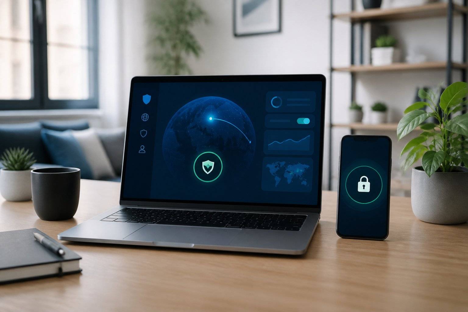Laptop and smartphone displaying a digital globe protected by security icons, illustrating VPNGENIX's commitment to
