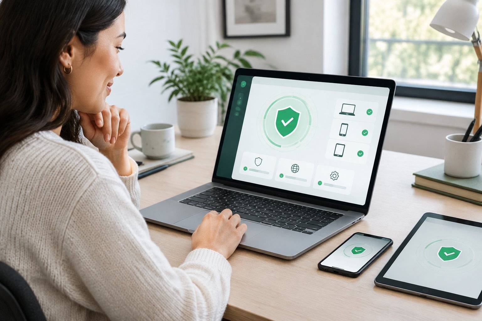 Woman using laptop displaying VPN security interface, illustrating digital sovereignty and device protection for safe