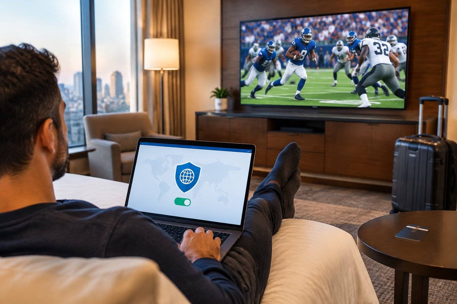 Man relaxing in a hotel room with laptop displaying VPN protection, watching an NFL game